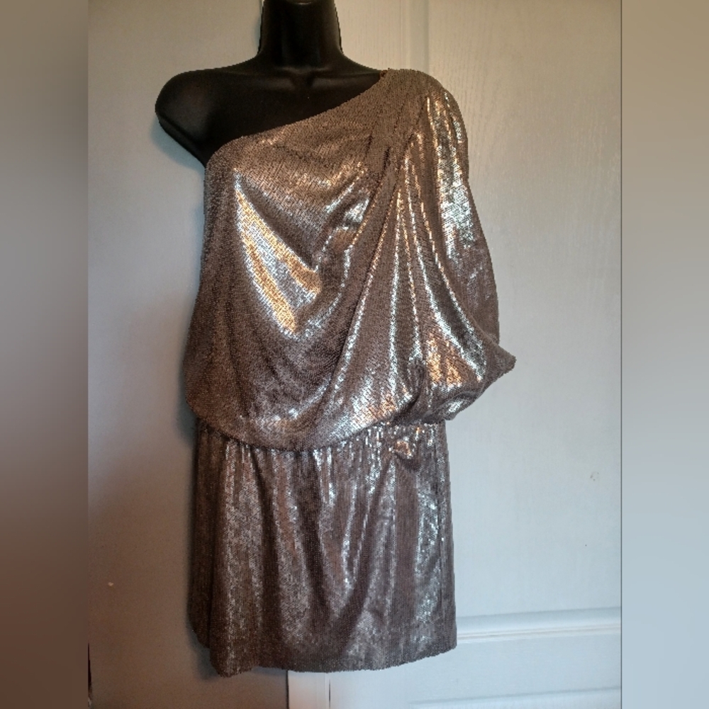 JS BOUTIQUE Shimmering Gold Sequin One Shoulder Toga-Inspired Mini Dress - Sz 4